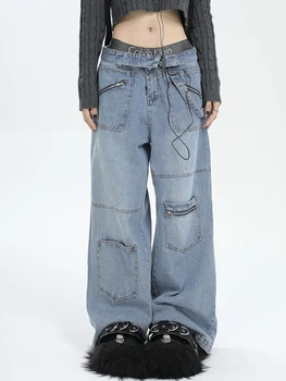 Дамски широки дънкови панталони с много джобове, обикновена, с висока талия, прави, широки дънкови панталони, градинска облекло в американски стил Y2K