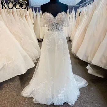 Сватбената рокля на бретелях MACDOUGAL Princess трапецовидна форма с открити рамене, сватбената рокля vestidos de новия, дантелени апликации по поръчка за жени
