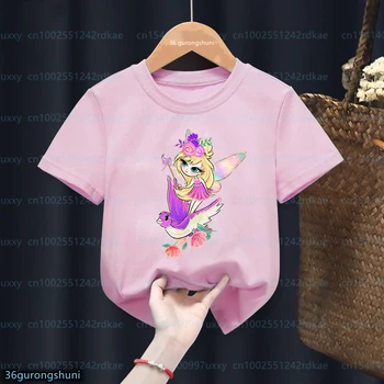 Кавайная тениска за момичета, скъпа детски дрехи с принтом цветя феите и птици, дрехи за момичета, Розова риза, Модни детски тениски