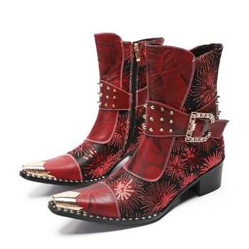 Есенни мъжки обувки, метални обувки с шипове и с шапка, тока за колан на високи токчета, червени луксозен модел увеличаване на