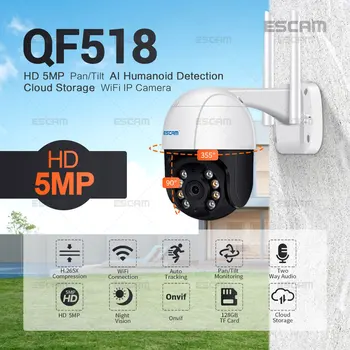 ESCAM QF518 5MP Канче /наклон AI Откриване на хуманоиди Автоматично следене на облачное хранилище WiFi IP камерата е с двупосочна аудио нощно виждане