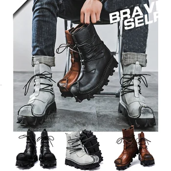 Мъжки мотоциклетни ботуши от естествена кожа, обувки с череп в готически стил, dr. обувки, защитни обувки, тактически обувки, зимни обувки до средата на прасците, в стил пънк, ботильоны
