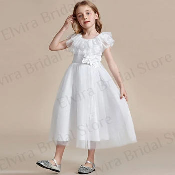 Класически рокли трапецовидна форма с волани и цветна декорация, сватбени рокли с къс ръкав и цип отзад за деца 2023