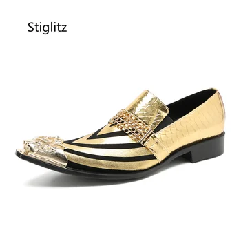 Сребристо-златна мъжки обувки от естествена кожа, с метална бомбе и веригата на равна подметка, ежедневни бизнес булчински обувки, светският обувки за булката, мъжки лоферы