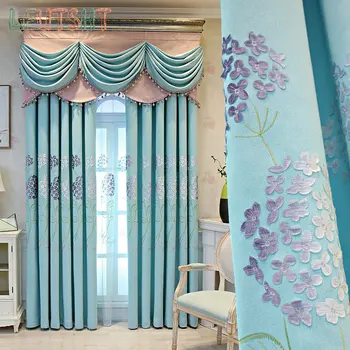 Завеси в европейски стил за хола спални, бродирани модерни сини завеси с цветна бродерия, френски прозорец