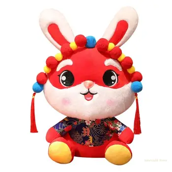 Y4UD Китайски коледен заек Играчка Red Късмет Rabbit меки играчки плюшени играчки в цветарски костюм Мека играчка подаръци за момчета и момичета