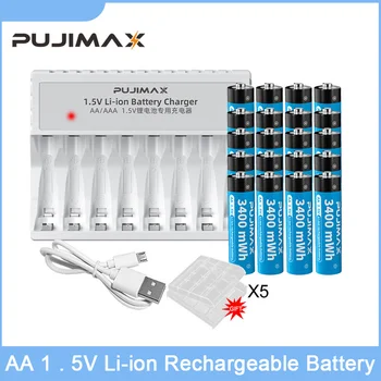 Батерия PUJIMAX AA от 1,5 литиево-йонна батерия 3400 МВтч, акумулаторна литиево-йонна батерия, универсално дистанционно, аларма, фенерче