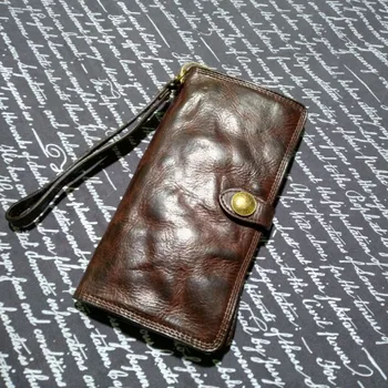 Мъжки дълъг чантата с няколко слота, ретро мъжки и женски модерен портфейл от телешка кожа, стяга за парите, с текстура на хакове, ръка в ръка