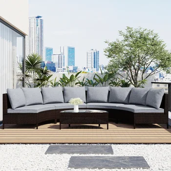 5 елементи, всички сезони кафяв сплетен диван от ратан от полиетилен, определени сечение на мебели за двор, комплект мека мебел с формата на полумесец с маса