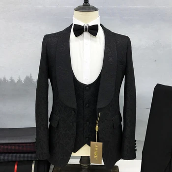 Мъжки черен елегантен костюм на джентълмен, модерен нов обичай кърпичка с ревери, три предмета, сватбена официалната бальная парти, приталенное палто, жилетка, панталони