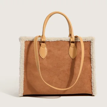 Модни голяма чанта-тоут от изкуствен велур, дизайнерски лоскутная женствена чанта от вълна от овце, чанта през рамо от изкуствена кожа, ретро портфейл за пазаруване
