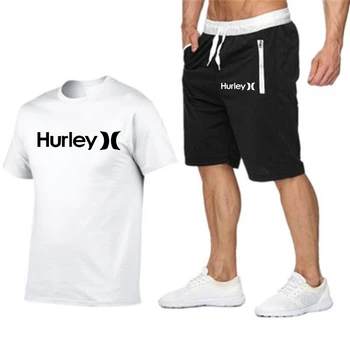 Мъжки Летни комплекти спортни облекла Hurley, Ризи с къс ръкав, Къси Панталони, Новите Модни Мъжки Ежедневни комплекти, Панталони, тениски, 2 бр.