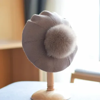 Вязаный взема есенно-зимна шапка с топки от лисьего кожа, ежедневни вълнена шапка с тиква, вълнена шапка
