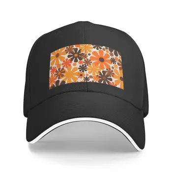 Бейзболна шапка за мъже и жени възстановяване на предишното положение в ретро стил 60-70-те години, естетичен цветя модел на 1970-те години, тъмно кафяв, бежово, оранжева, черна шапка за партита от пеноматериала