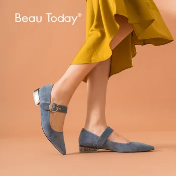 BeauToday/ Сладък Дамски Обувки Mary Jane От естествена Кожа и Велур с Остри пръсти и каишка на щиколотке, Дамски Летни обувки с каишка отзад, Ръчно изработени 18201