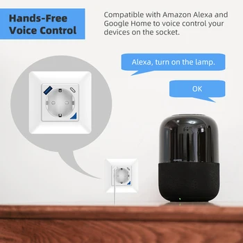 Sasha WiFi умна стенни изход стандарт на ЕС с конектор за захранване, USB/Type-C за зареждане Работи с Alexa, Google Home, Alice