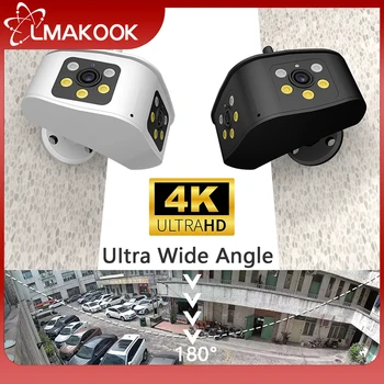 Външна камера LMAKOOK 4K 8MP с две лещи, панорамен фиксиран IP обектив с ultrawide зрителен ъгъл 180, помещение за сигурност с изкуствен интелект за откриване на човек