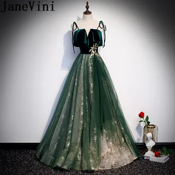 JaneVini Тъмно зелено кадифе топ, рокля за бала, дълги рокли за партита със златни пайети, буйни тюл принцеса на тънки спагети презрамки, трапециевидные вечерни рокли