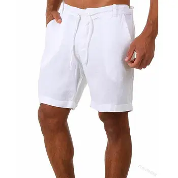 2023 Нови мъжки памучни ленени шорти, обикновена ежедневни панталони с права тръба дантела, младежки тънки спортни капри за фитнес, джогинг