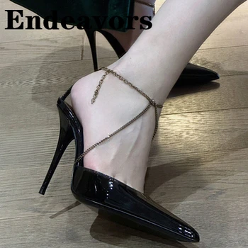 Черна директен верига с перекрестием, остър чорап, тънък висок ток, секси директен верига Baotou, Нов дизайн, дамски обувки голям размер