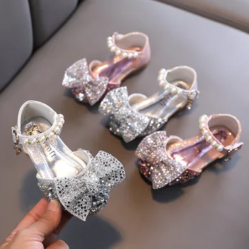 Кожени сандали принцеса, детски обувки за сватбени партита, лъскави детски обувки на плоска подметка с лък, модни сватбена дишащи обувки за момиченца