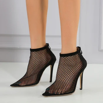 Летни ботуши на висок ток 11 см, чубрица мрежести обувки на висок ток с остър пръсти, черни дамски ботуши с изрезки, големи размери 42, Botine Femme