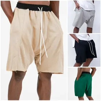 Мъжки шорти за тренировки, спортни, ежедневни панталони, модерни мъжки памучни шорти за фитнес и тичане, обикновена свободни панталони с дължина до коляното с завязками