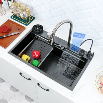 Мивка с водопад, кухненска мивка от нано неръждаема стомана, голям кухненски принадлежности с един слот, кран с водопад за ремонт на кухня