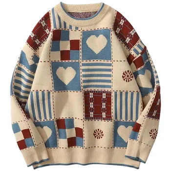 Ретро пуловер, мъжки хип-хоп градинска облекло Harajuku Ретро стил Японски Любов Вязаный пуловер 2022 Отношение Есенен пуловер памук