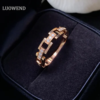 Пръстен от розово злато 18 Карата LUOWEND пръстен с истински натурален диамант Модерен дизайн с квадратна катарама Изящни бижута за жени, за сватба парти