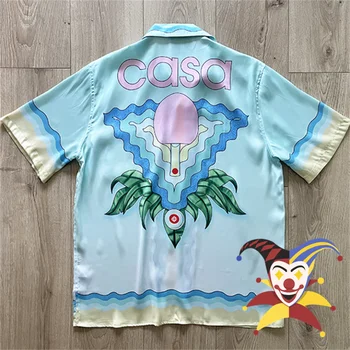 2023ss риза Казабланка-за мъже и жени, благородна хавайски плажната светло синя коприна на ризата модел ракета за тенис на маса