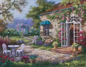 Домашен градина Пейзаж Стенни живопис с маслени бои върху платно за украса на офис, хотел, ръчно рисувани