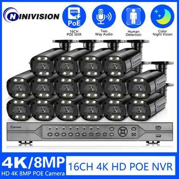 16CH 8MP 4K POE NVR Комплект Камера Система за Сигурност на Двустранния Аудио H. 265 + Метална ПР AI Помещение Външно P2P Видеонаблюдение Комплект за Видеонаблюдение