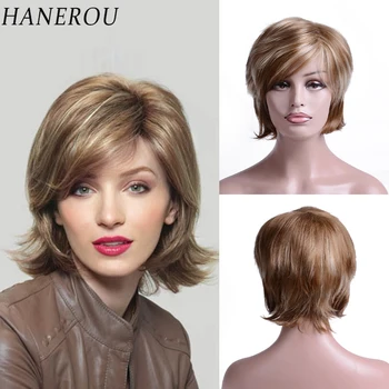 HANEROU Кратък синтетични перука, изработени от естествени светли и вълнообразни кестени, на женските права коса, топлоустойчива перуки за ежедневни партита, cosplay