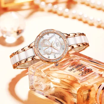 Нови дамски кварцови часовници, малък календар с пеперуда, светлинен керамични стоманена каишка, компактен и тънък часовник