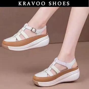 KRAVOO/летни сандали-гладиатори, дамски сандали на танкетке, ежедневни удобни обувки от мека кожа, дамски плажни сандали със затворени пръсти, нескользящие