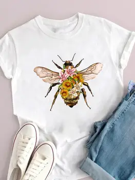Тениска с принтом пчелите и семки, дамски модни летни блузи с къс ръкав, тениска с акварельным цвете, женска тениска с графичен модел на 90-те години, жена