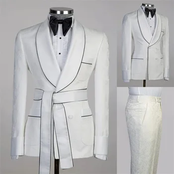Жакард мъжки костюми, блейзър, комплект от 2 теми, палта, панталони, бяла сватбена смокинг с колан, официално офис яке по поръчка костюм