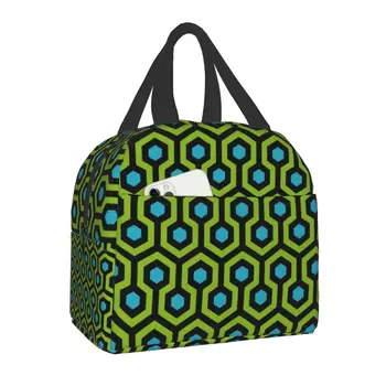 Зелен блестящ хотелски килим Overlook, изолирано чанта за обяд, женски геометрични шестоъгълници, термоохладитель, кутия за Bento, преносими чанти за пикник