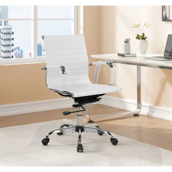 Офис стол от изкуствена кожа с ребрена облегалка, регулируема височина, бяла офис мебели, офис стол, компютърна стол
