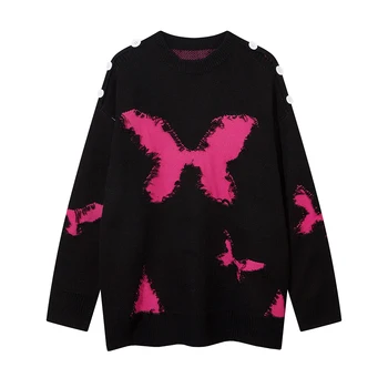 Пуловер в контрастен цвят с нашивкой във формата на пеперуда, пуловери за мъже и жени, есенен костюм, мешковатая вязаная облекло Y2k, размер оверсайз Пуловер в контрастен цвят с нашивкой във формата на пеперуда, пуловери за мъже и жени, есенен костюм, мешковатая вязаная облекло Y2k, размер оверсайз 0