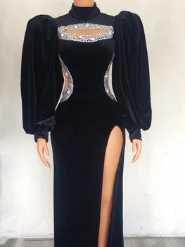 Черно бархатное дълго женствена рокля Totti с ръкав-фенерче и висока цепка отстрани Елегантно облекло за парти, с костюм за нощен клуб