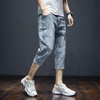 Нови модни тийнейджърските си дънки Seven Point с прорези, мъжки летни шорти на корейската марка, дизайнерски шорти за почивка и пътуване, тънки еластични крачета