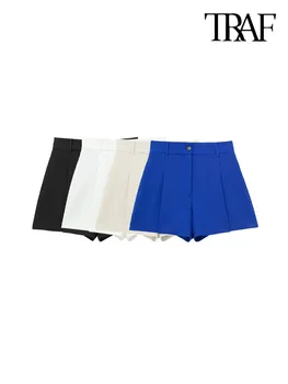 ТРАФИКА на Дамски модни шорти с гънки отпред, реколта къси панталони с ципове с висока талия, дамски къси панталони Mujer