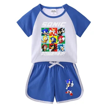 2023 Детски костюм Sonic, Лятна Нова Детски дрехи, Топли Панталони, Тениска с къси ръкави, къси Панталони, Всекидневни спортен костюм-двойка