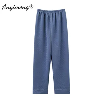 Зимните ежедневните модерни панталони за сън, мъжки трехслойные домашни памучни панталони, топли ластични панталони в тъмно синьо, монофонични спускане за мъже