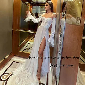 Бели шифоновые дълги сватбени рокли свързани с корсет, булчински рокли в стил сладък бохо, плажна булчинската рокля на булката с 3/4 ръкав