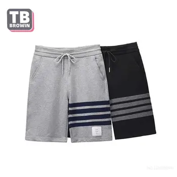 TB BROWIN Летни мъжки къси панталони Цвят натурален памук тъкани контрастни четири ленти ежедневни панталони, спортни панталони