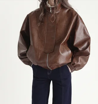 2023 Женски ново винтажное палто от естествена телешка кожа на допир, яке-пилот от естествена телешка кожа, E31
