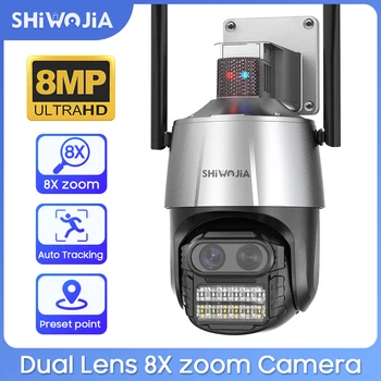 SHIWOJIA 8MP 4K ПР Ц безжична IP камера за видеонаблюдение WIFI камера външно изкуствен интелект червено-синя светлина аларма открит човек